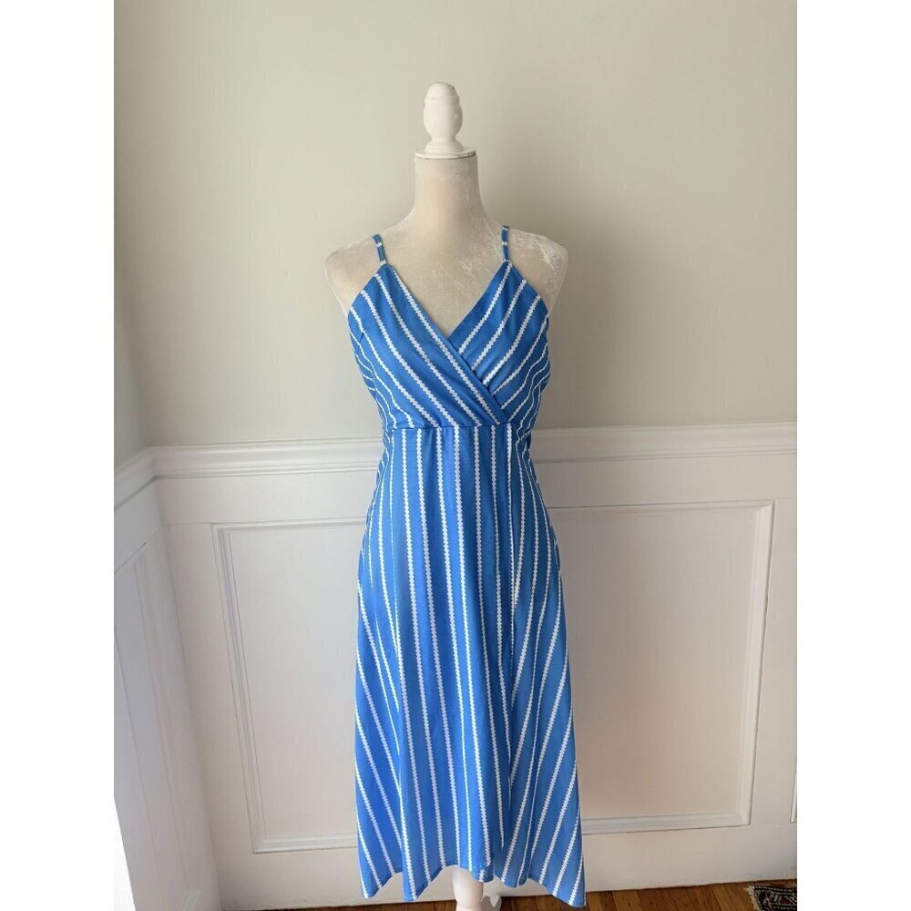 Blue & White Striped Midi Dress With Spaghetti Straps & Crisscross Back